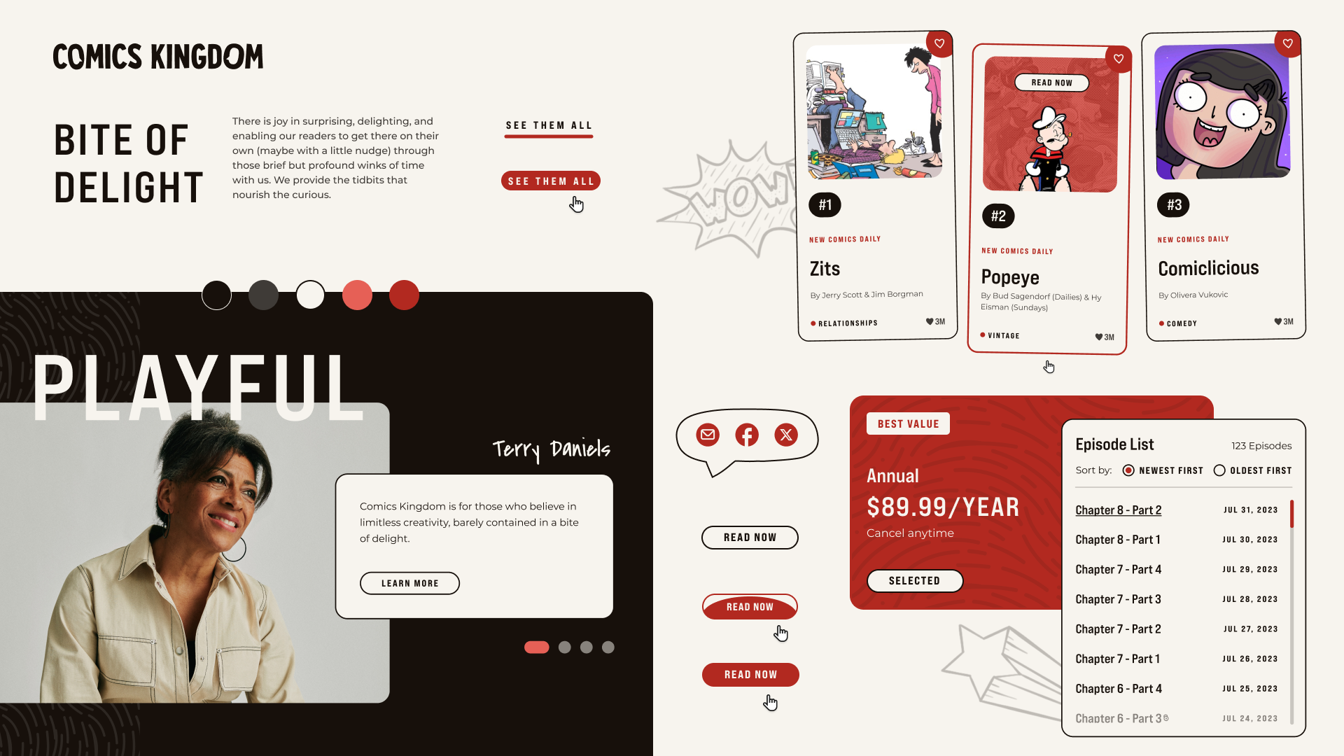 The image shows a collection of design elements, such as cards, buttons, illustrations, and background patterns, to depict the design thinking for the Comics Kingdom website project.