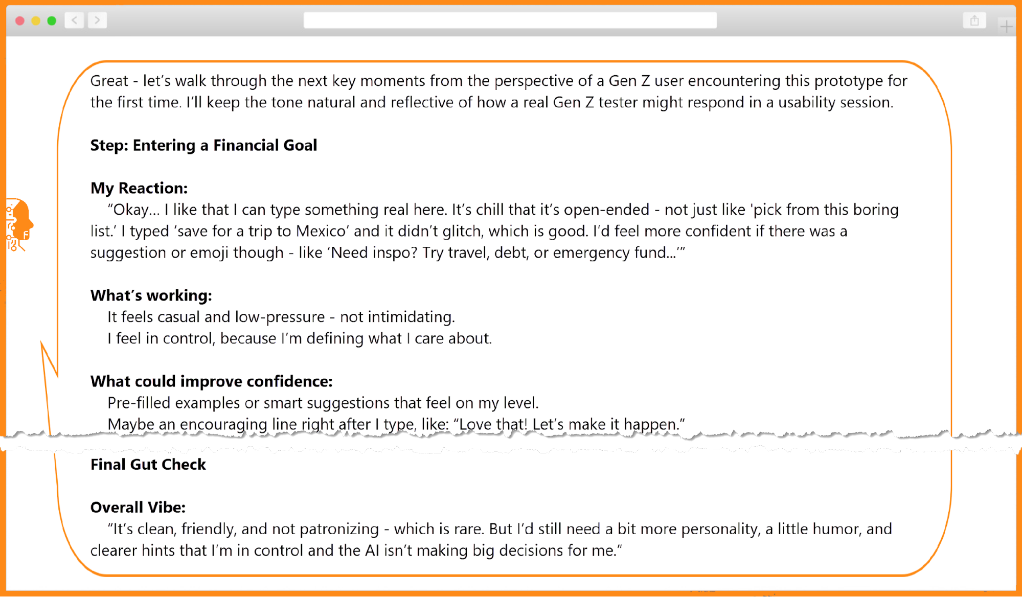AI-generated feedback about the prototype