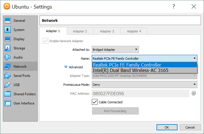 VirtualBox網絡設置 – 為橋接網絡模式選擇適配器