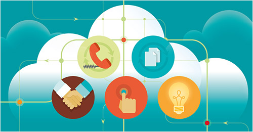 A diagram with a hand shake, a phone, papers, a light bulb and a hand finger touching an interface