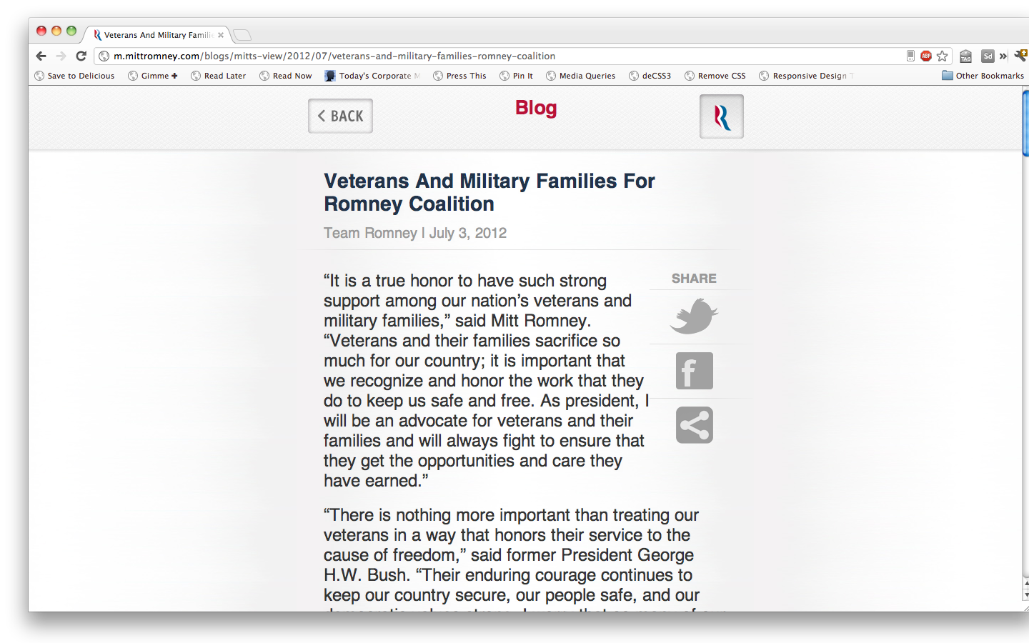 Romney's mobile site displayed on a desktop