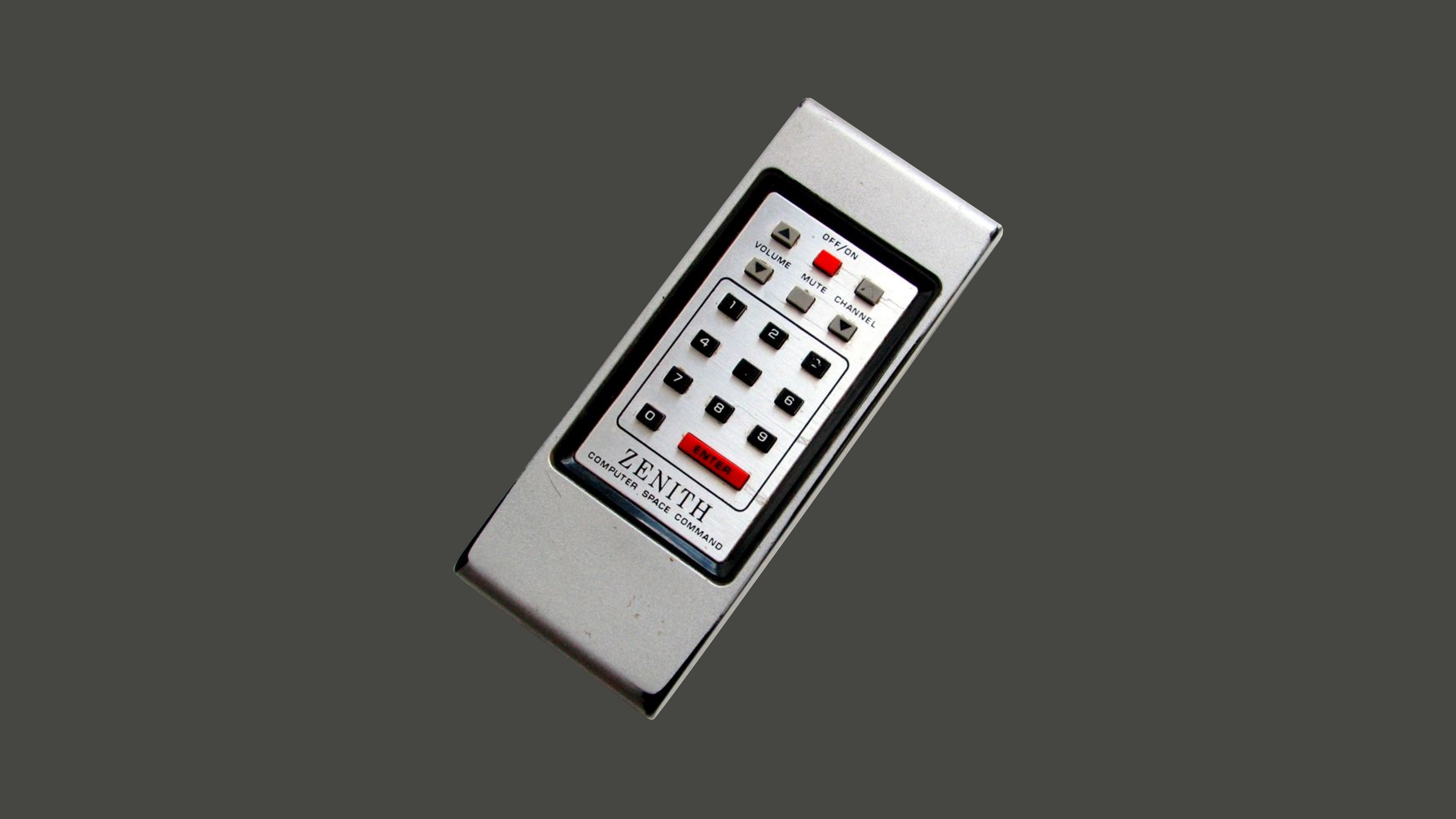 The Zenith Space Command remote, a sleek, metallic device with a number pad, volume, and channel controls. Its refined design closely resembles modern TV remotes.