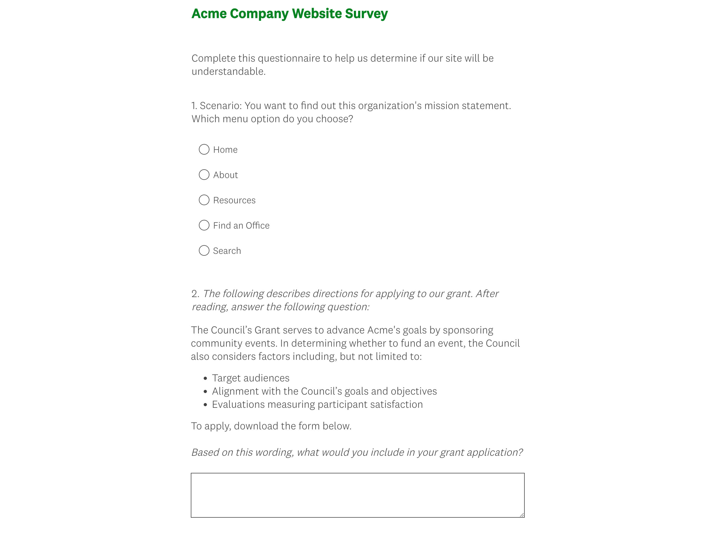 Sample survey for Acme Company that tests their key site wording. Full survey wording is included below.