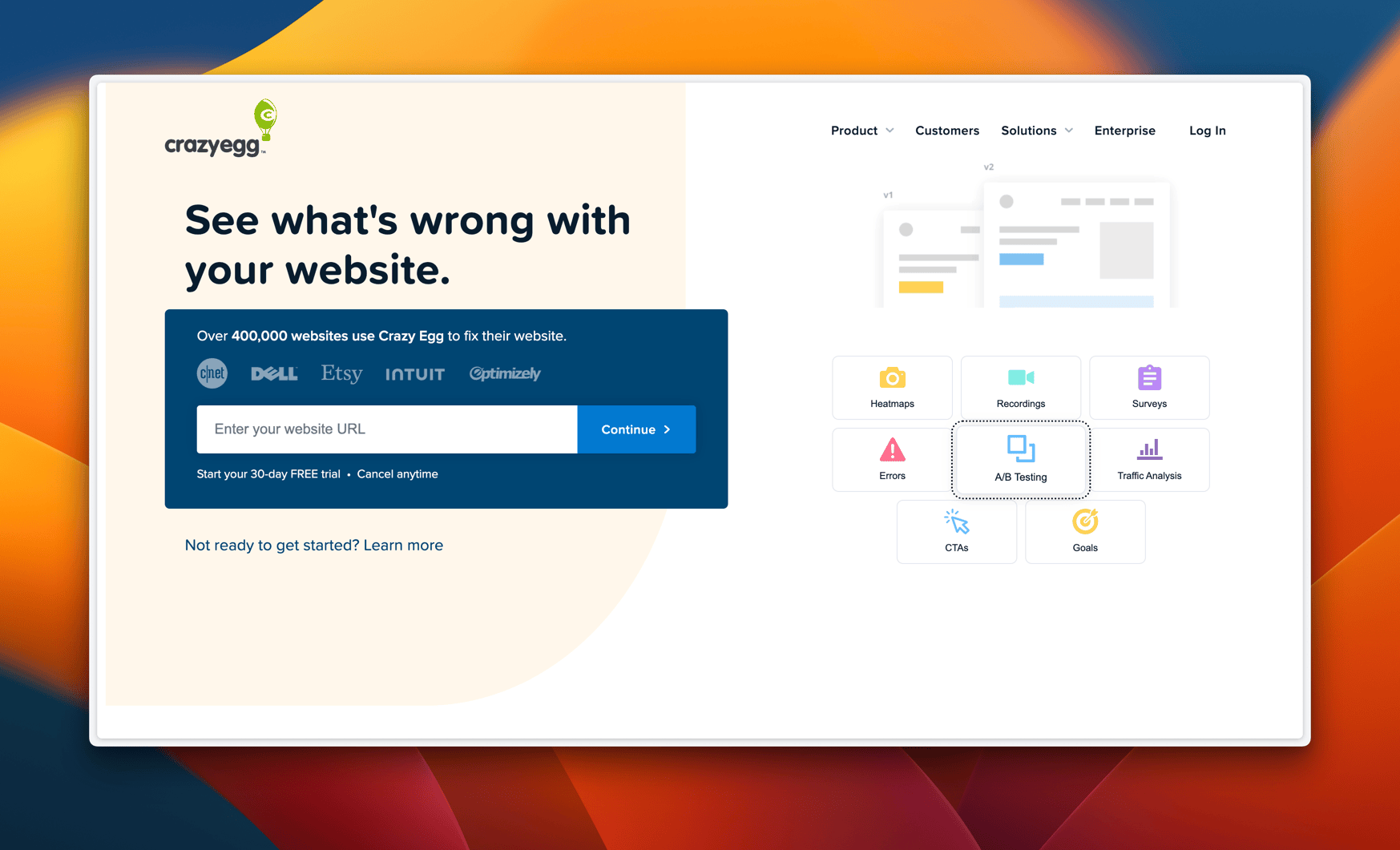 The homepage of the Crazy Egg website: See what’s wrong with your website.