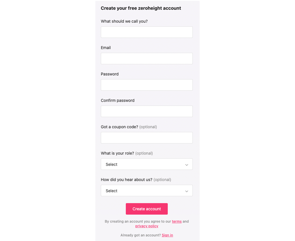 ‘Create account’ form