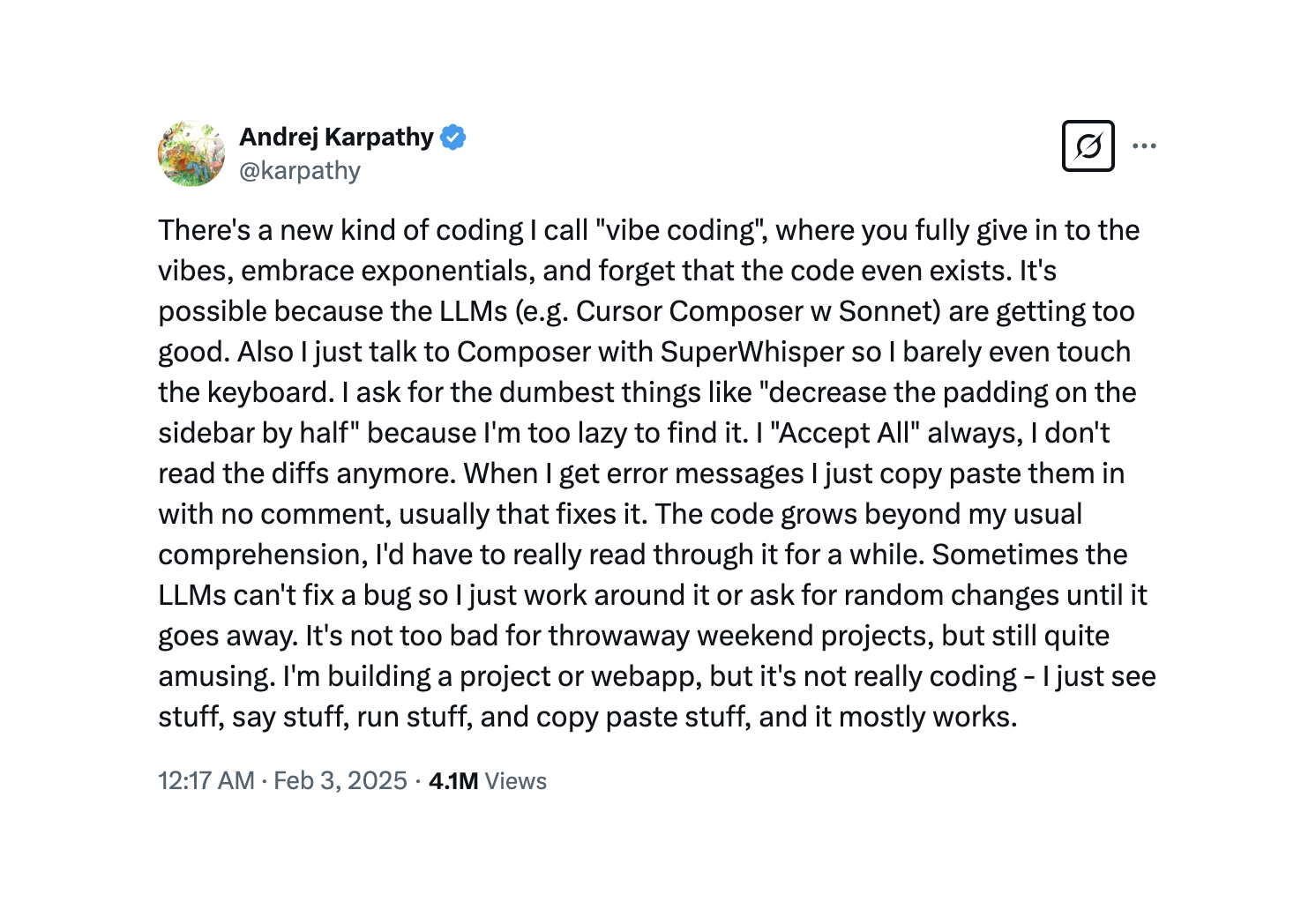 Screenshot of Andrej Karpathy's tweet defining Vibe Coding.