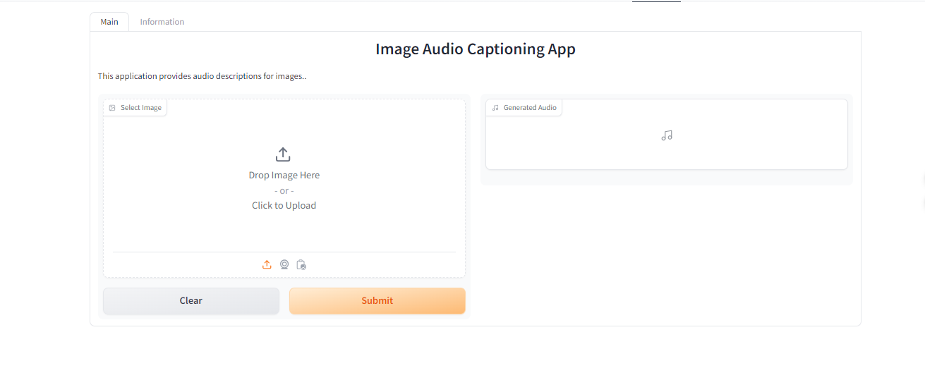 Image audio captioning app. The application provides audio descriptions for images. A file upload field is displayed on the left, and a space for generated audio is displayed on the right.
