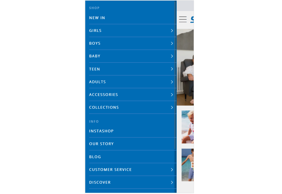 A screenshot of the burger menu where it's difficult to differentiate between catalog and info categories