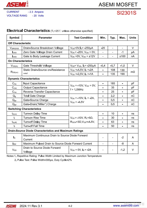 ASEMI低壓MOS管SI2301參數，SI2301體積，SI2301尺寸_物聯網_03