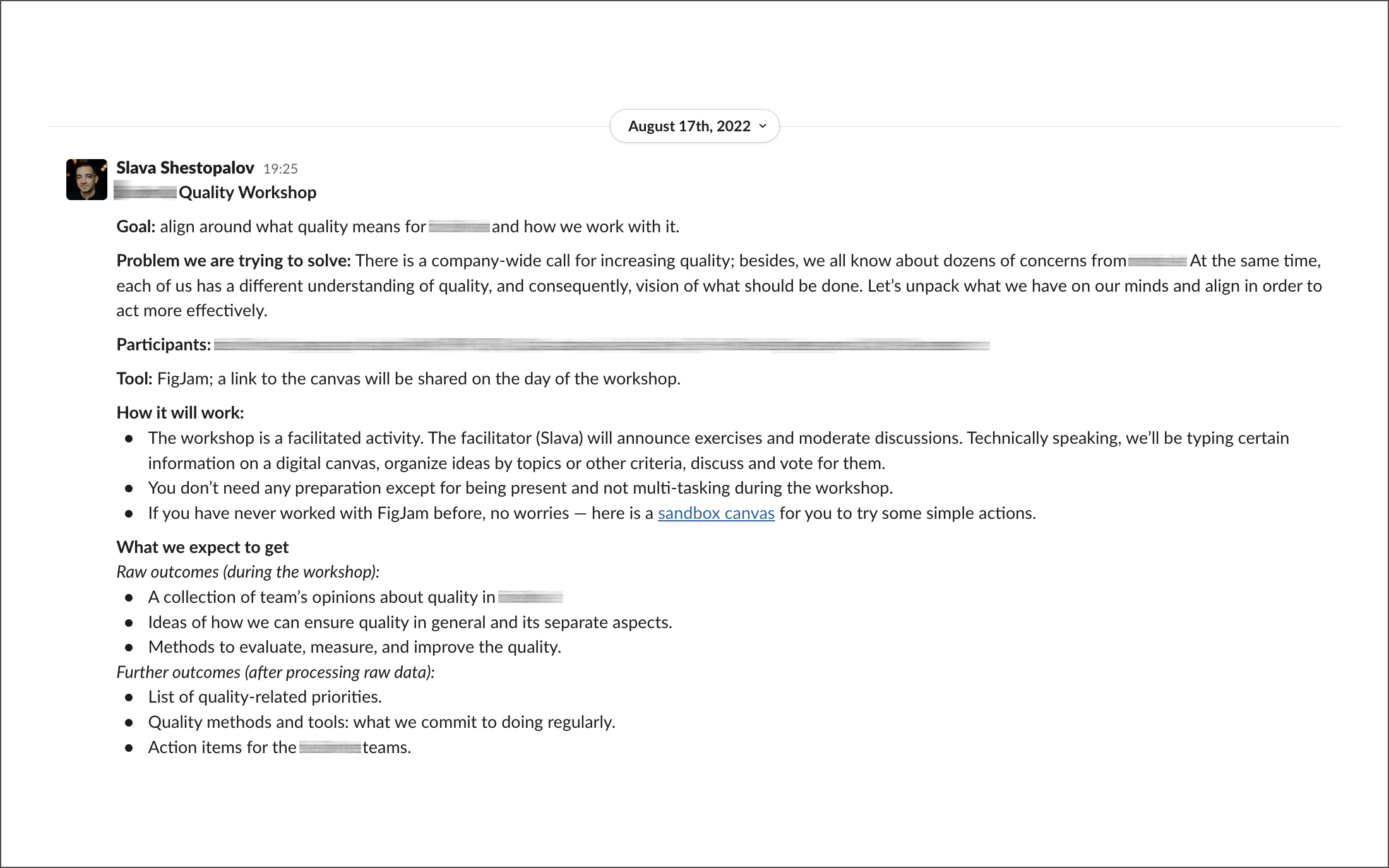 A message in Slack explaining the details of the upcoming workshop