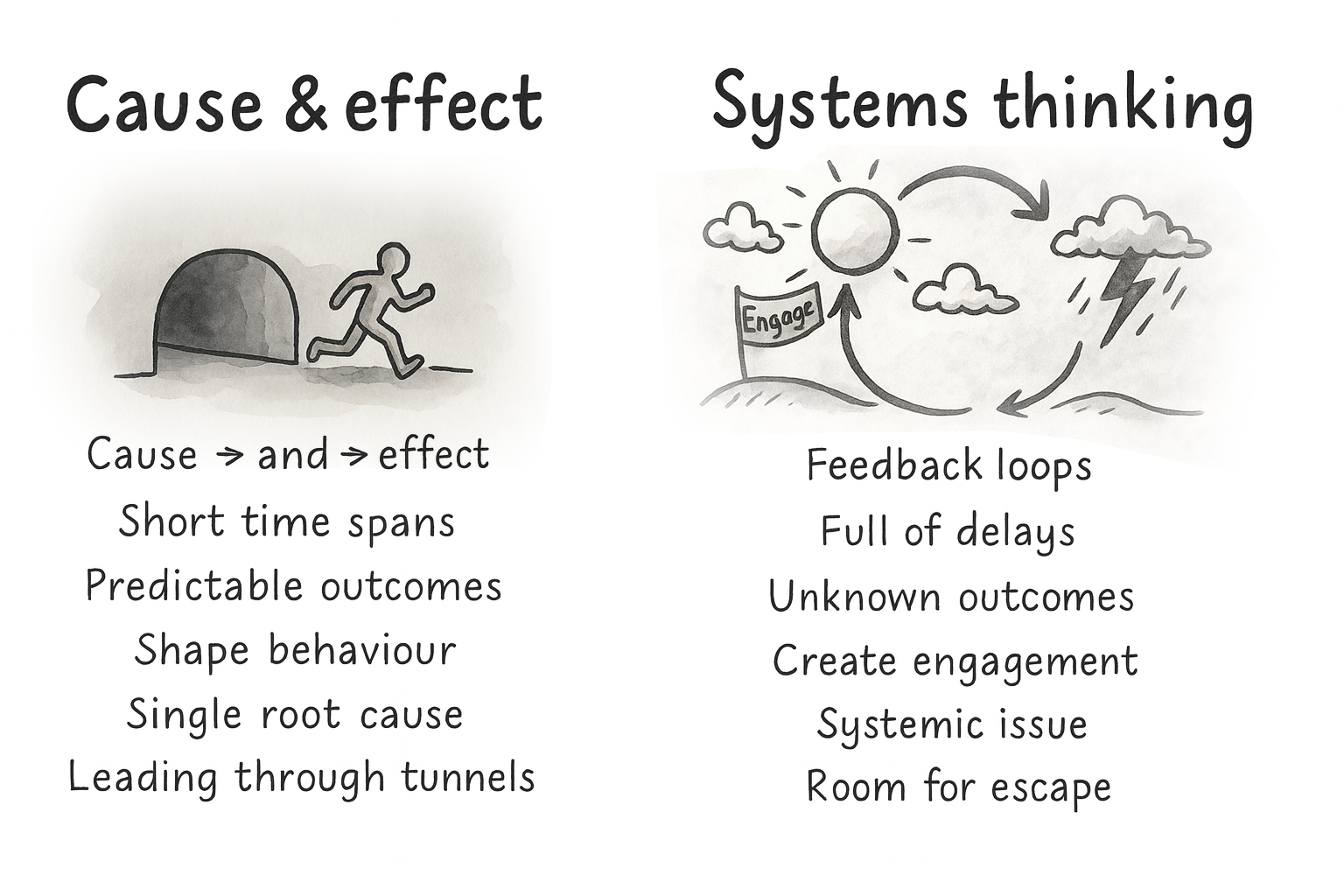 Diagram comparing cause-and-effect thinking (linear, predictable outcomes) with systems thinking (feedback loops, delays, and unknown outcomes).