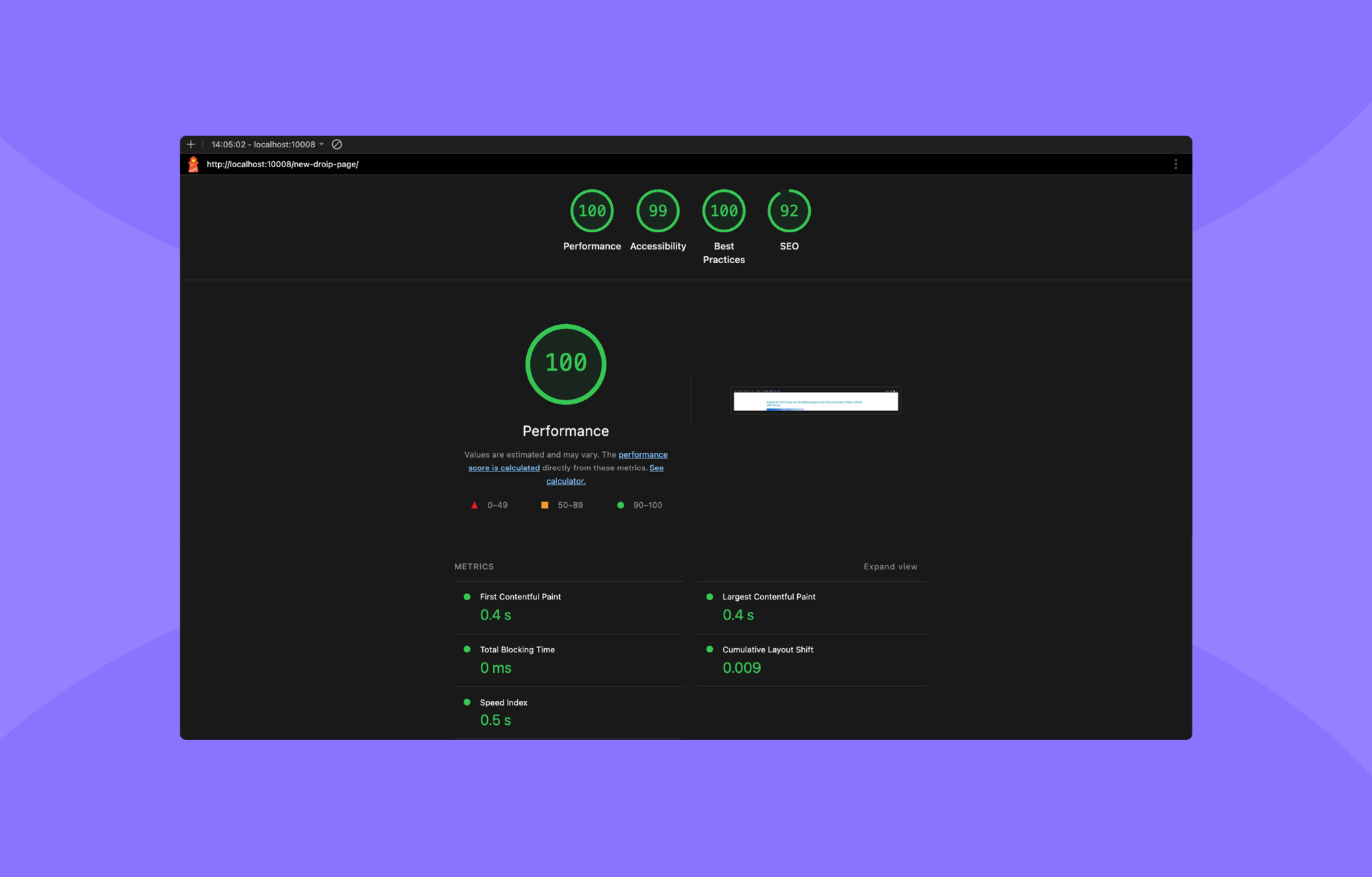 Performance test scores showing Droip’s website speed and responsiveness.