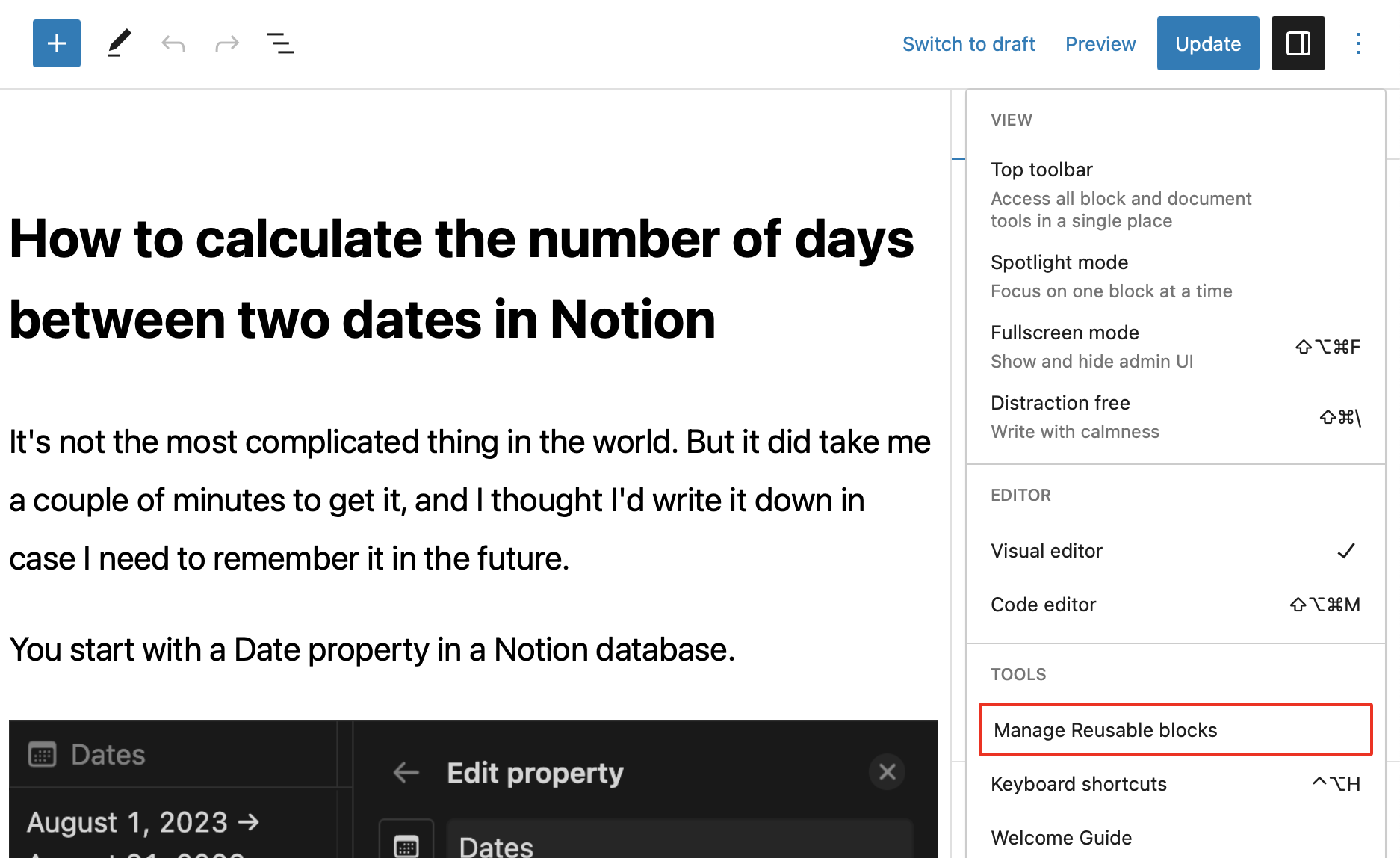 Manageable Reusable blocks option in the Post Editor settings