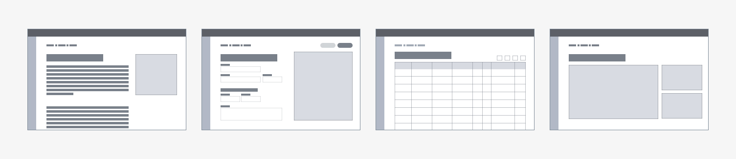 List of four different page structures in a schematic way: text-based page, form, table, and gallery.