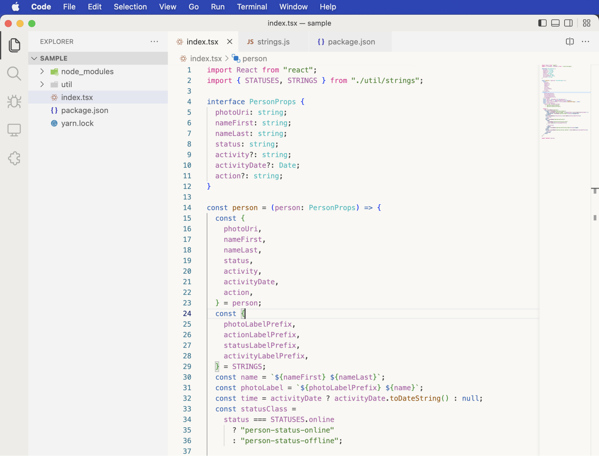 A screenshot of a Person component in Typescript