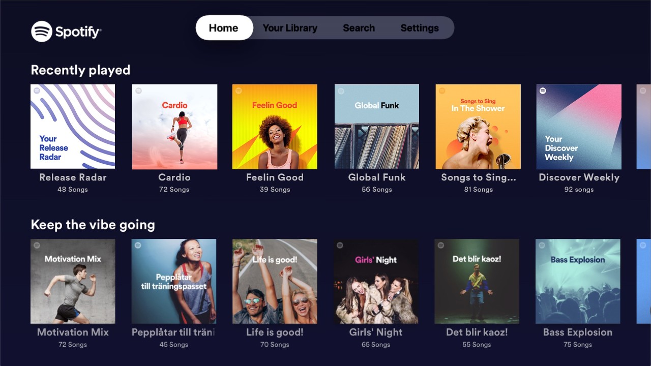 Spotify TV interface displaying square 1:1 posters for playlists and albums in a grid layout, reflecting the visual style of album art and offering a consistent, music-focused browsing experience.