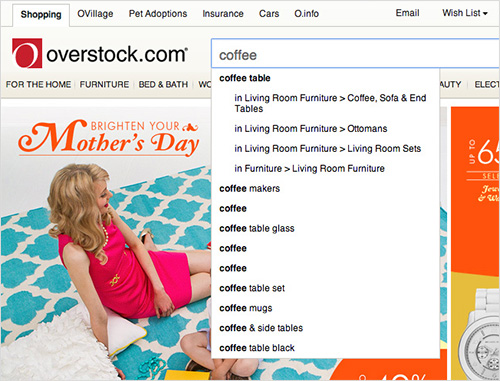 Overstock's autocomplete suggest redundant options