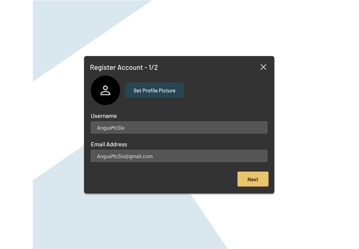 A modal design showing step one of completing an account registration