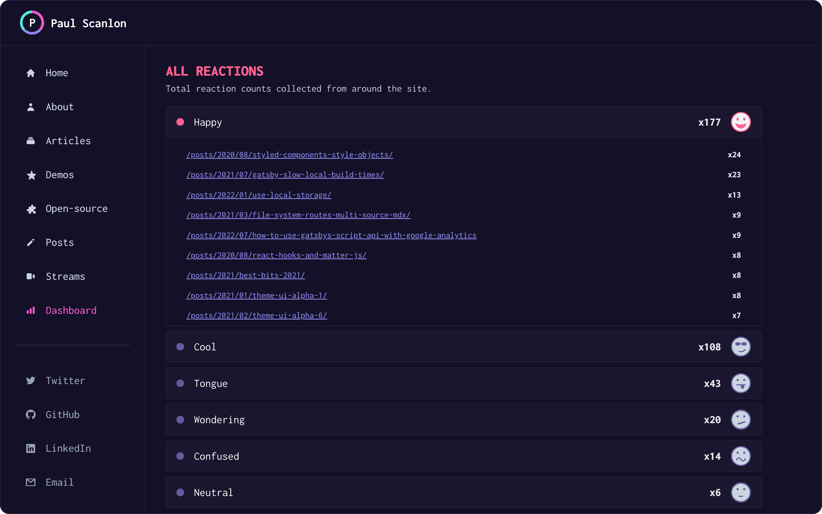 Happy, Cool, Sad reactions order by amount and displayed in a list