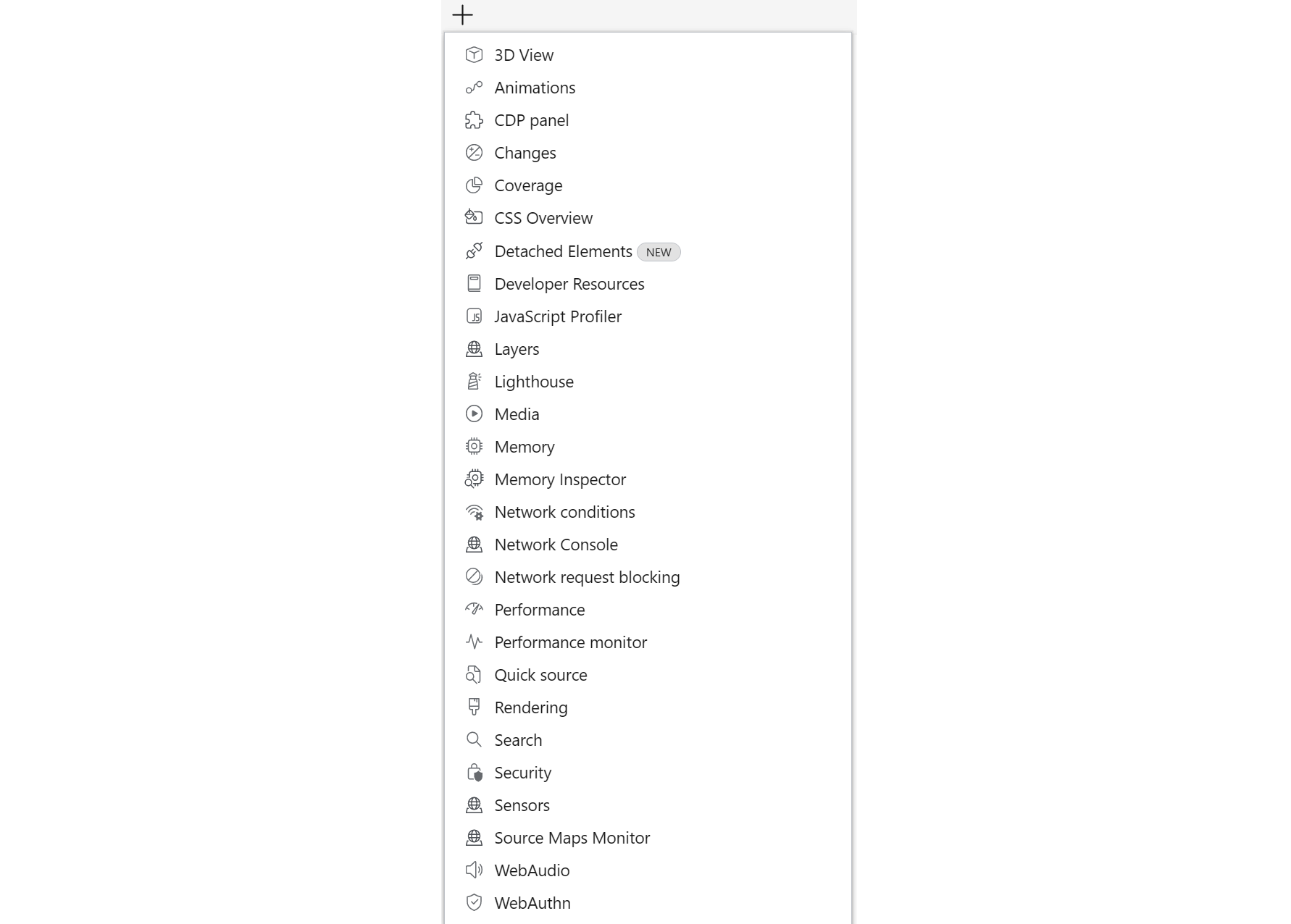 Screenshot with + button which provides a list of all available tools