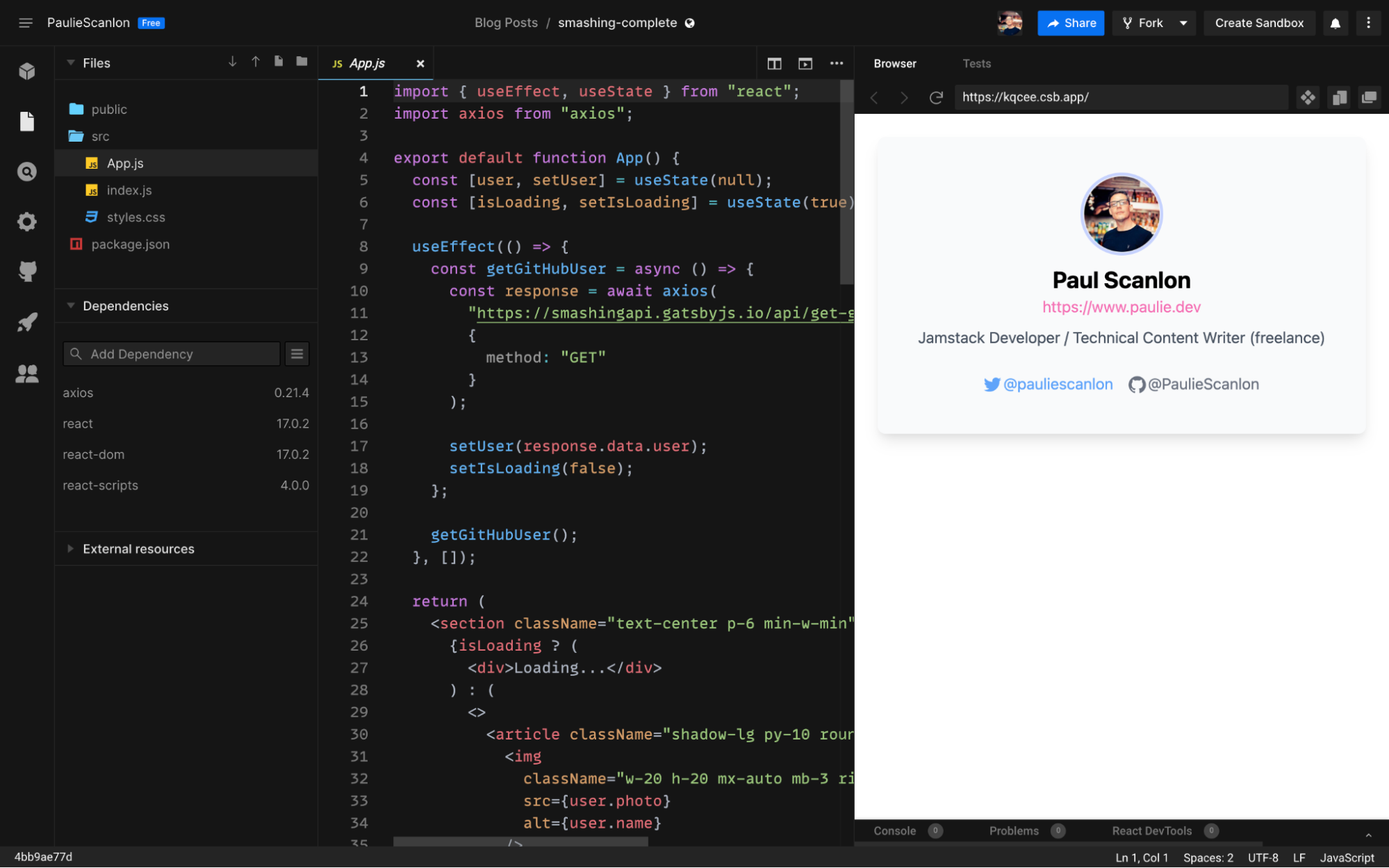 CodeSandbox: Demo profile card