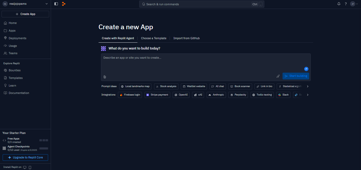A screenshot showing three options how to create an new App on Replit