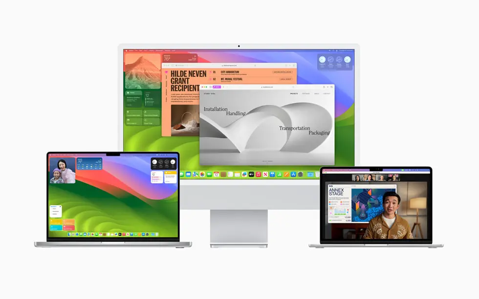 MacBook Pro、27 英寸 iMac 和 MacBook Air 上顯示的 macOS Sonoma。
