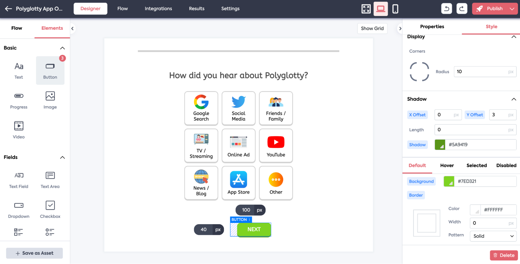 There are two buttons at the bottom of this user onboarding step. The one on the left is a plain text button that reads ‘Skip’. The one on the right is a big green button that reads ‘NEXT’