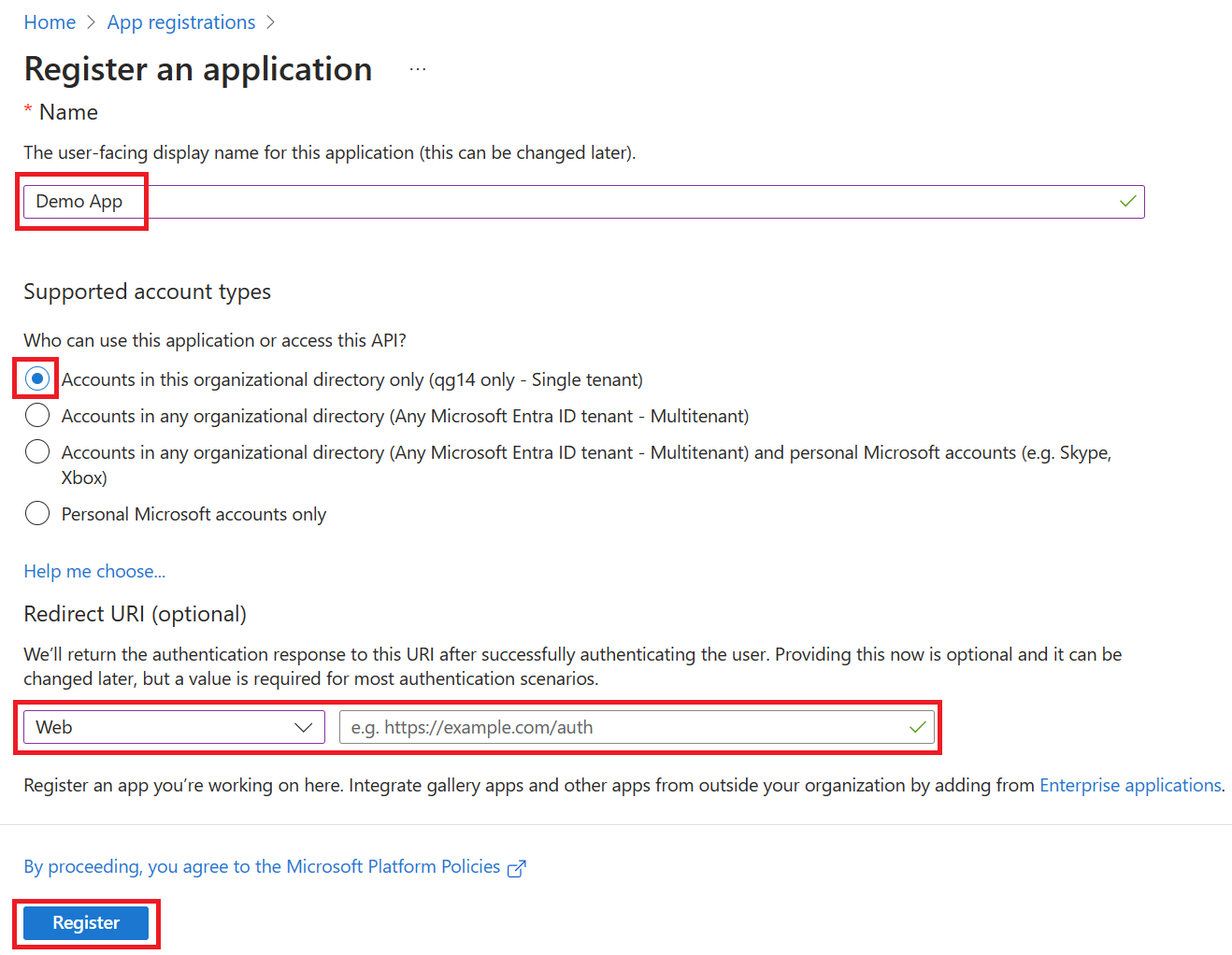 “註冊應用程序”屏幕的屏幕截圖，其中突出顯示了名稱和默認設置。