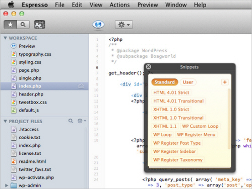 A screenshot of Espresso snippets