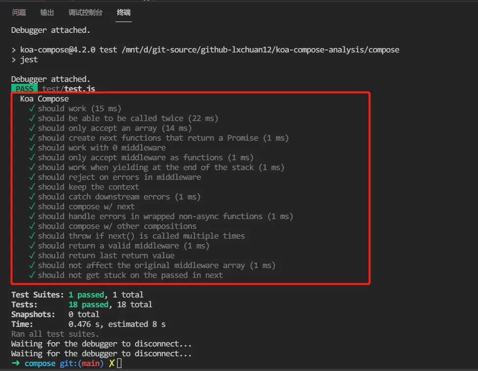koa-compose 測試用例輸出結果