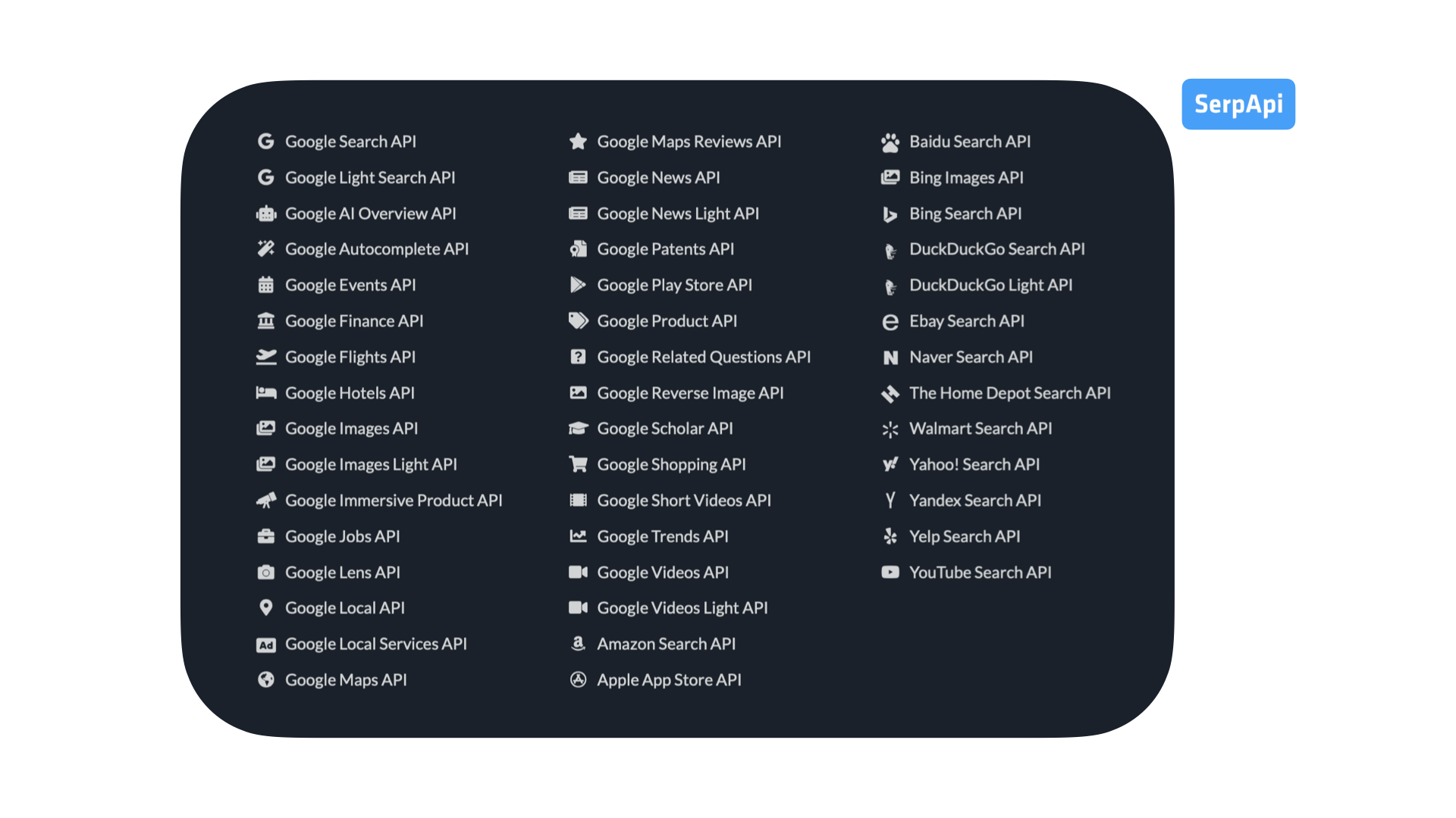 Three-column list of 45 Search APIs that are supported by SerpApi