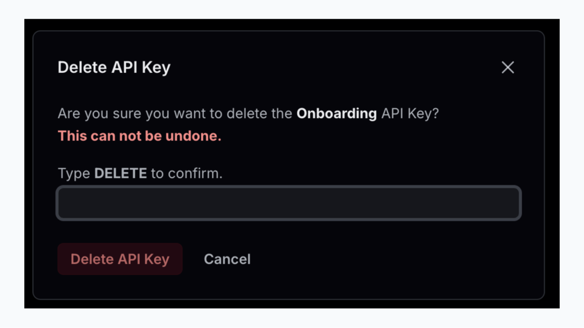 Resend modal dialog asking you to confirm API key deletion.