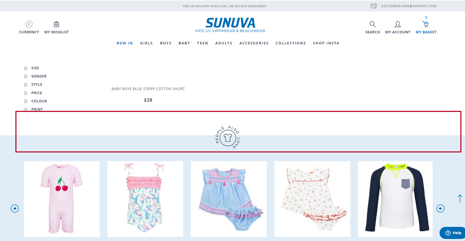 A screenshot of the website with no blocks or lists with recently viewed items and no quick 'Add to basket' button