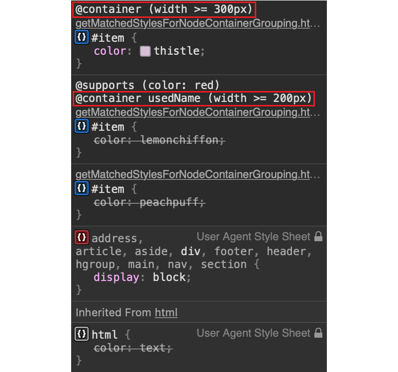 The Safari WebInspector Styles sidebar, showing multiple CSS rules, some preceded by @container rules