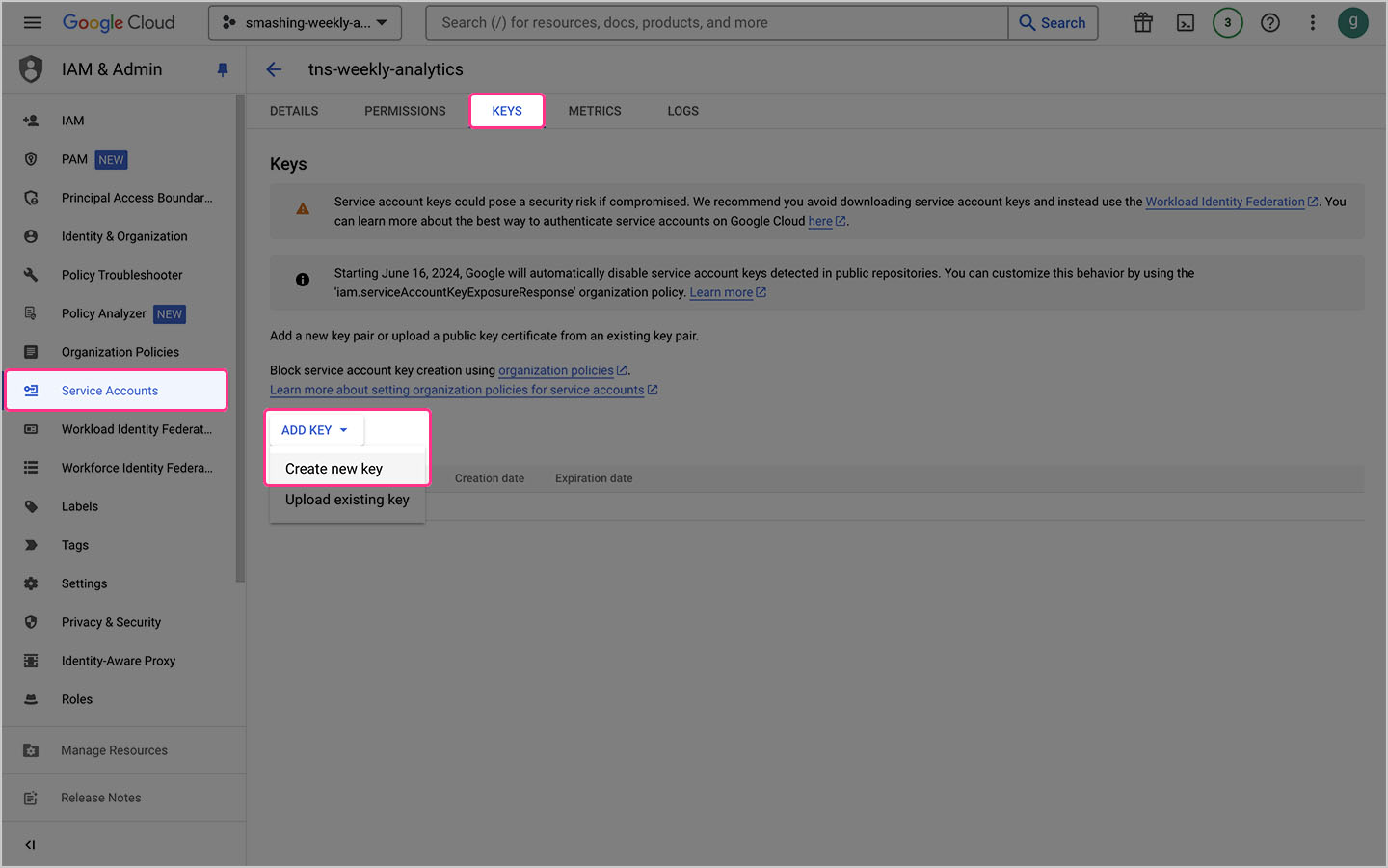 Google Cloud console with the highlighted KEYS tab