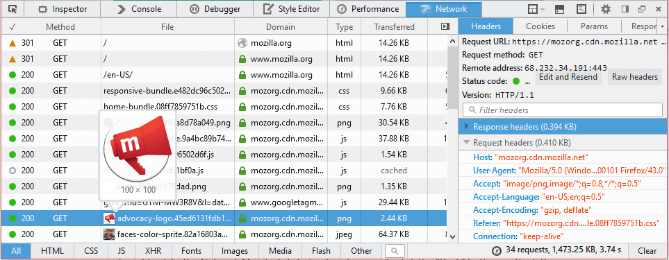 The network monitor's requests list
