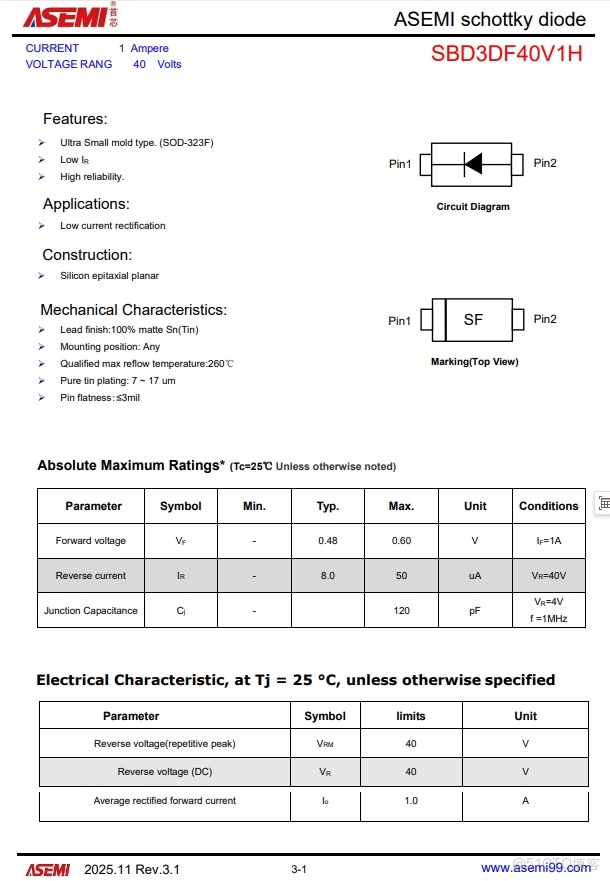 SBD3DF40V1H-ASEMI可直接替代安世PMEG4005EJ_肖特基二極管_02