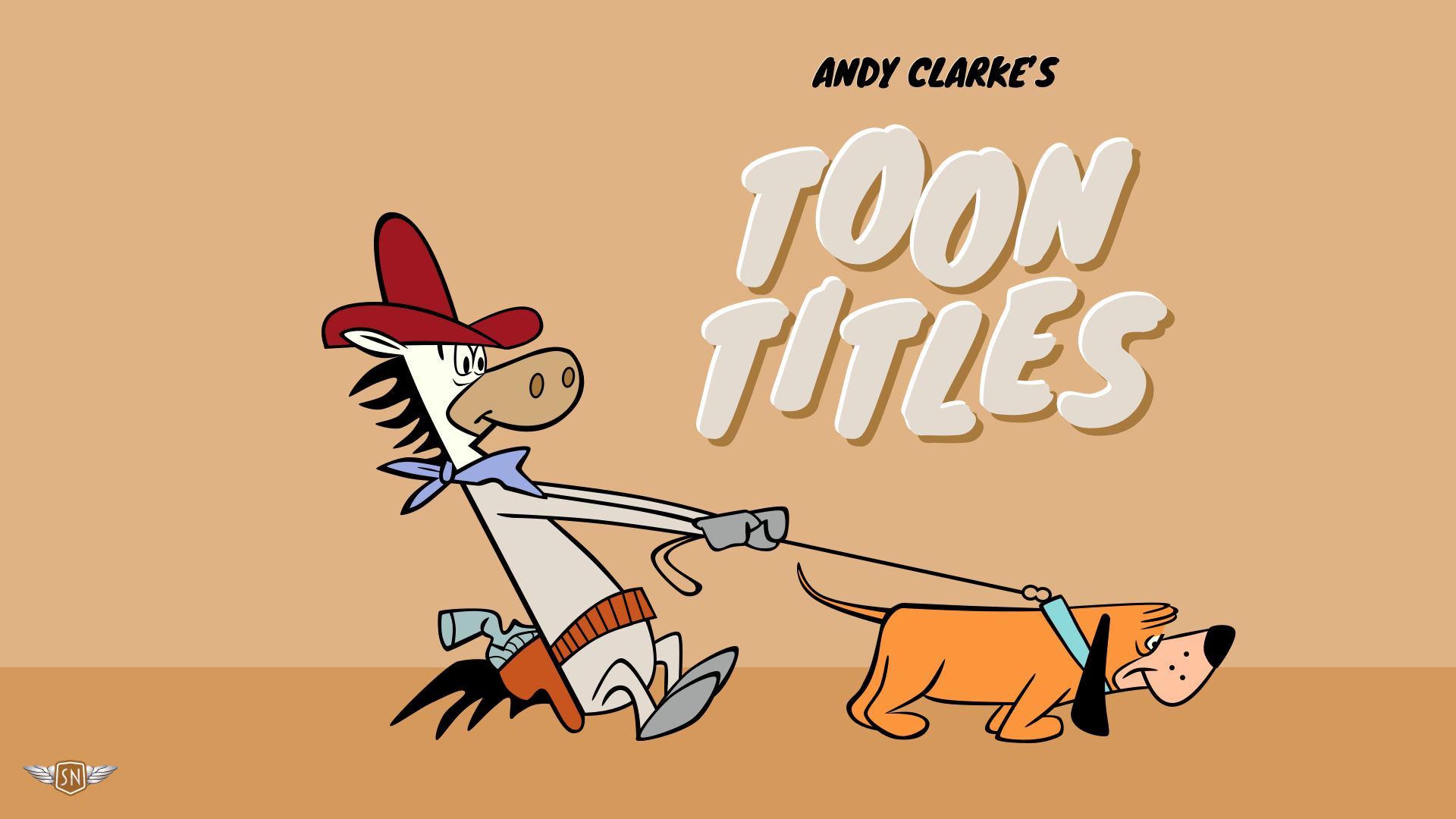 Quick Draw McGraw character pulling back on a dog leash attached to his bloodhound, Snuffles.