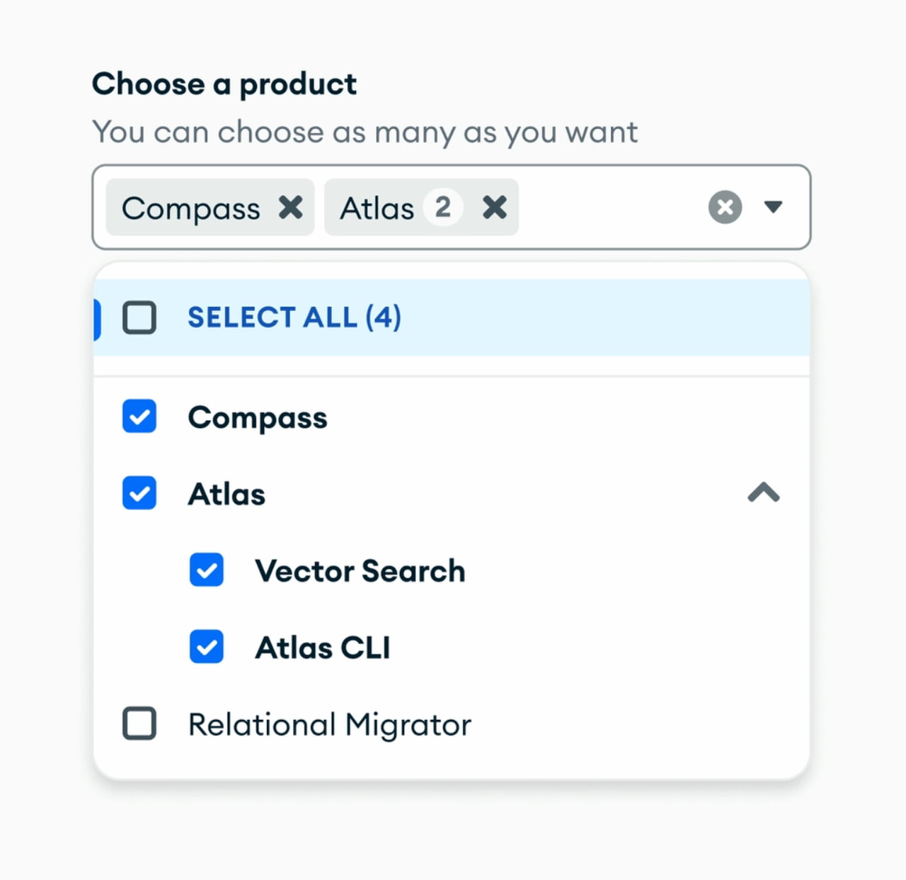 A dropdown menu showing product selection. Compass is selected, and Atlas is selected with two sub-options: Vector Search and Atlas CLI.