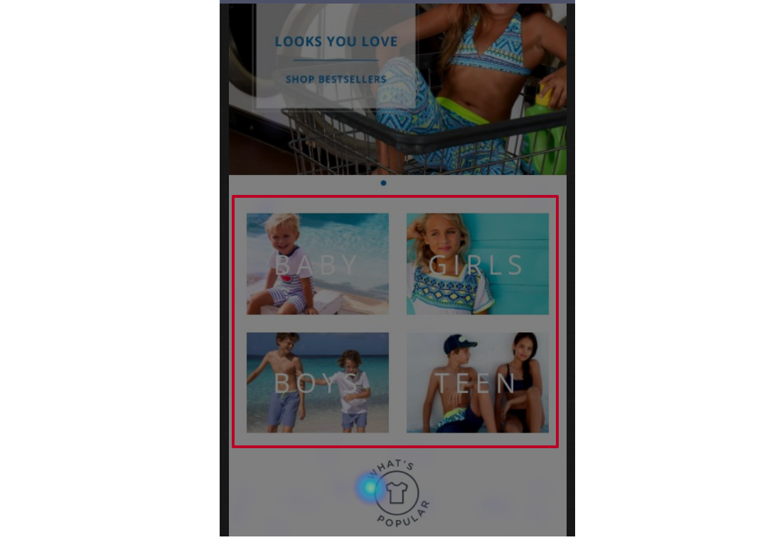 A screenshot of the mobile version of the website with heat maps where you can see that users never clicked on the category blocks