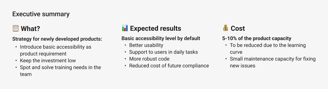 Executive summary with three key sections: What, expected results, and cost. Each of them has a summary statement and three to four bullet points that summarise the business case.
