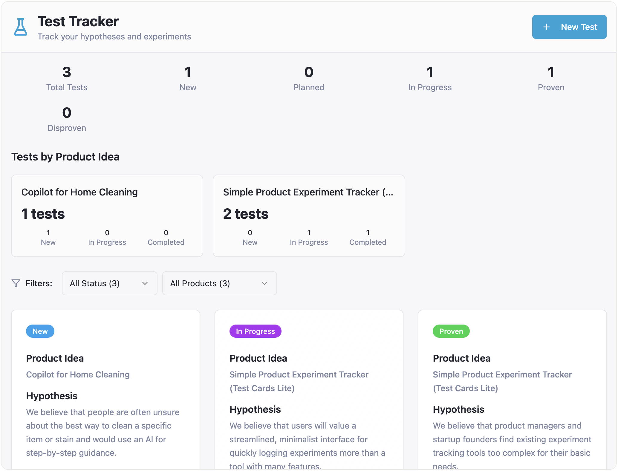 The Test Tracker app screenshot, now with filtering by product ideas.