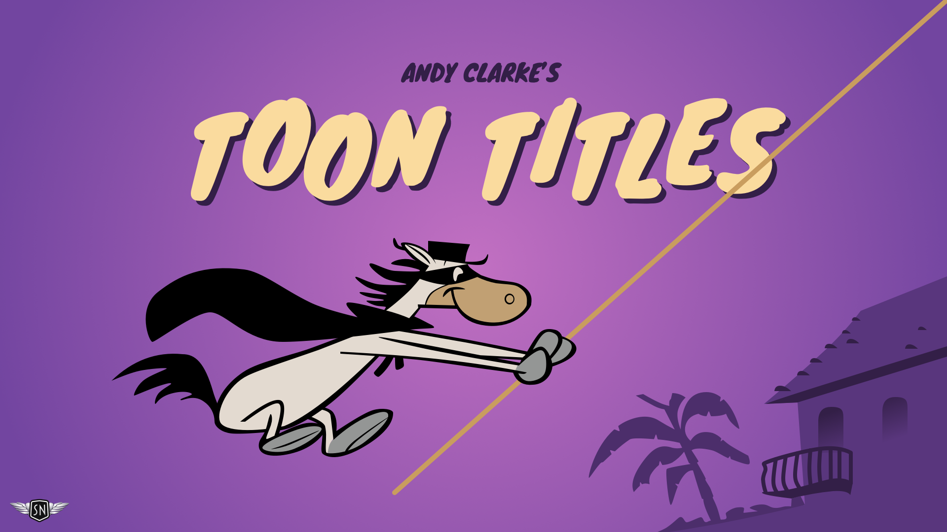 An animated still of Quick Draw McGraw swinging from a rope going from left to right against a purple gradient background. Andy Clarke’s Toon Titles is displayed above him in cartoon-style typography. A silhouetted building and palm tree are positioned in the bottom-right corner.