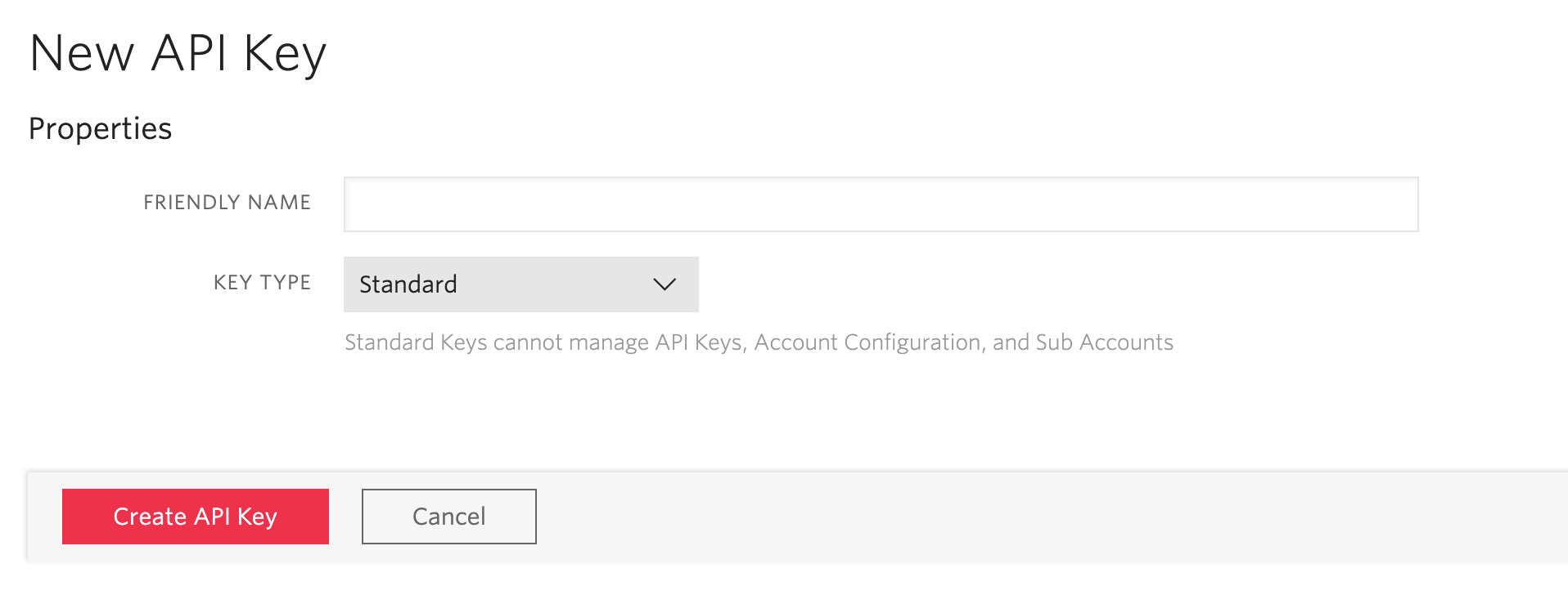 A screenshot with the properties on a New API Key page