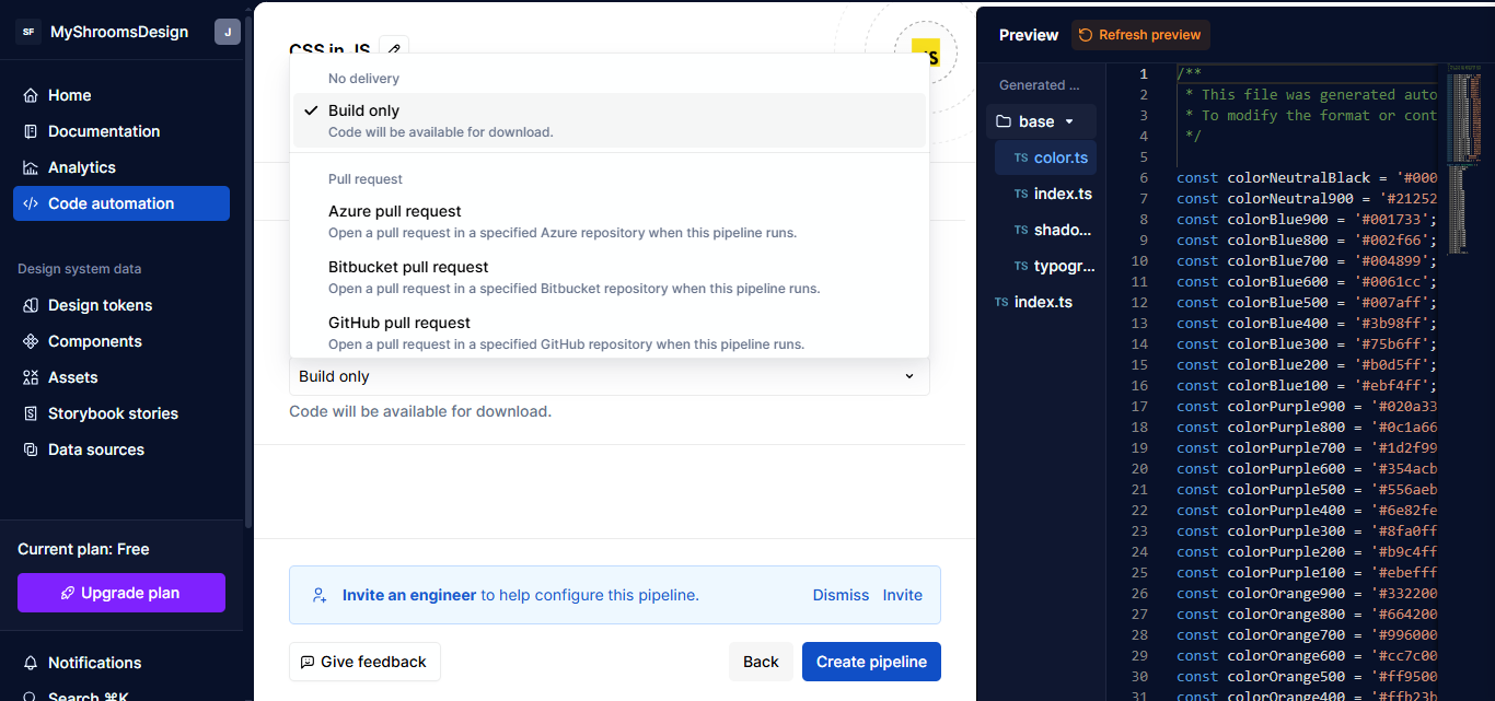 Supernova Code Automation screen where you choose how you want the output delivered