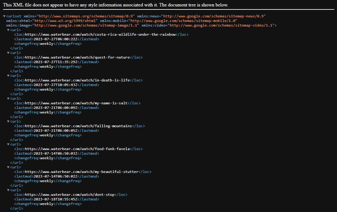 An example of a dynamic sitemap for the latest video content