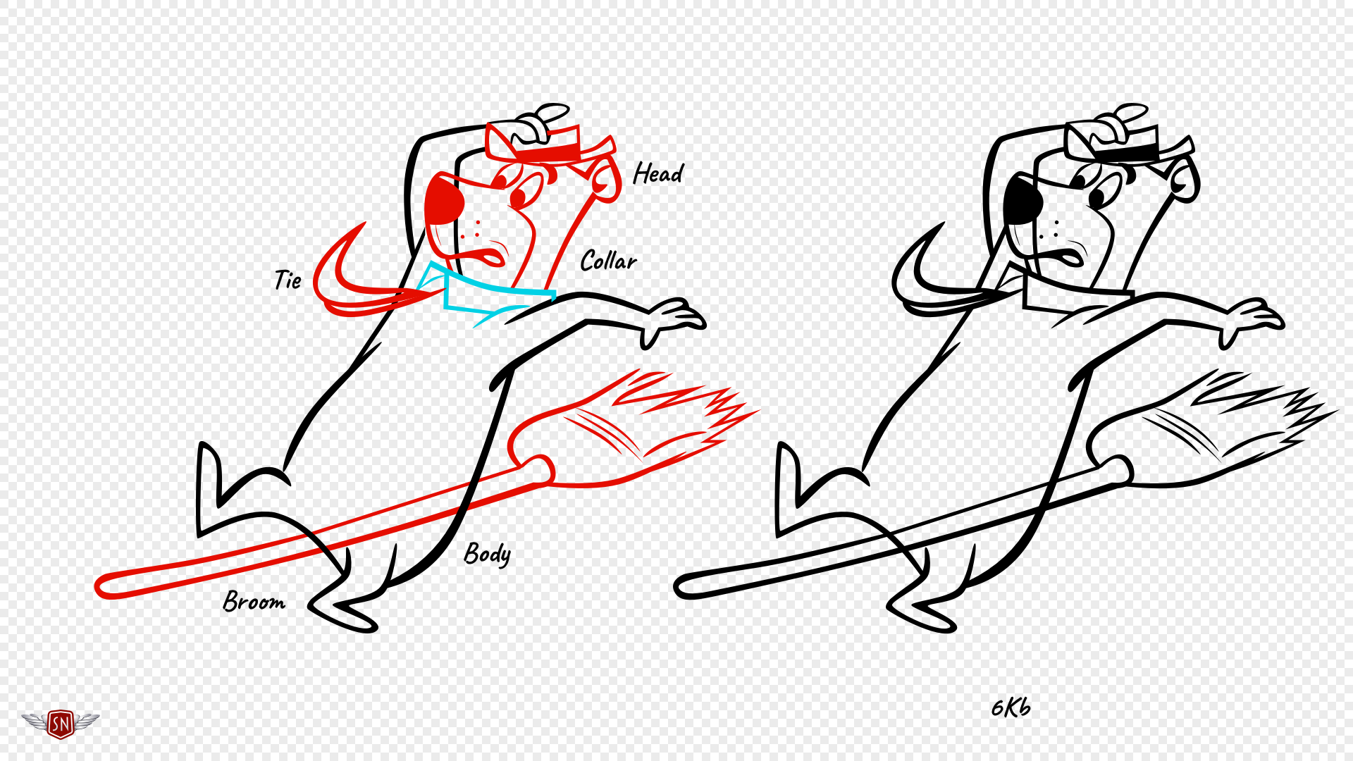 Separate outlines for body, head, collar and tie, and broom.