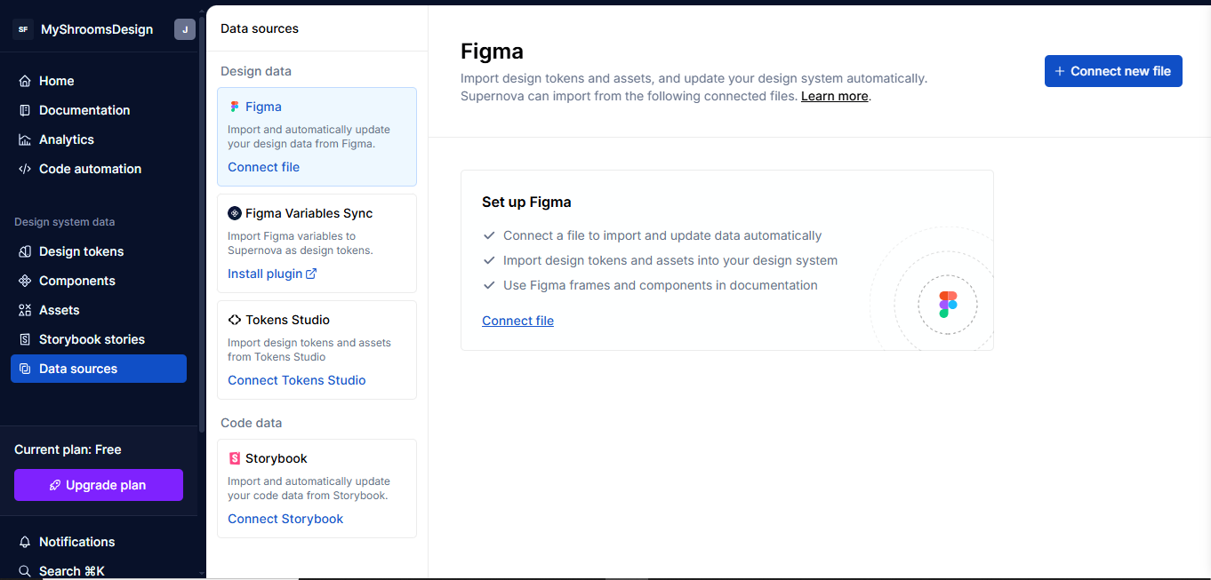 Supernova dashboard to connect Figma files