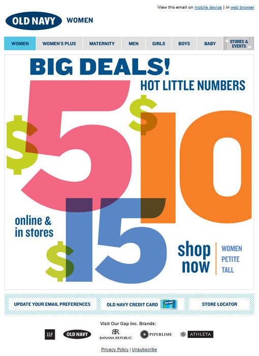 Screenshot of Old Navy, online clothing deals